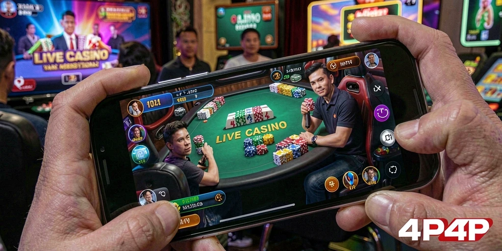 Tampilan screenshot 4P4P menampilkan dealer langsung dan permainan kasino yang mengasyikkan.
