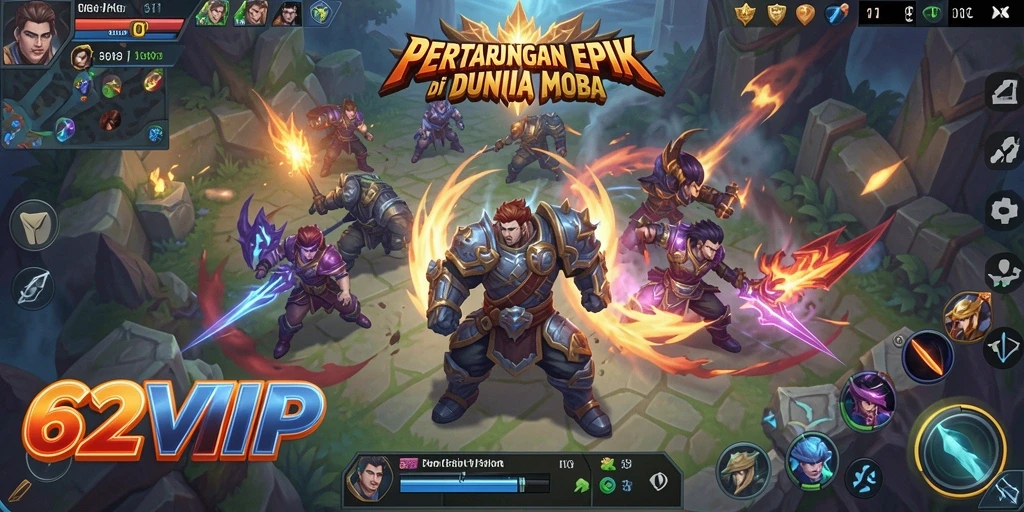 Tangkapan layar gameplay 62VIP yang menampilkan aksi MOBA yang mendebarkan.