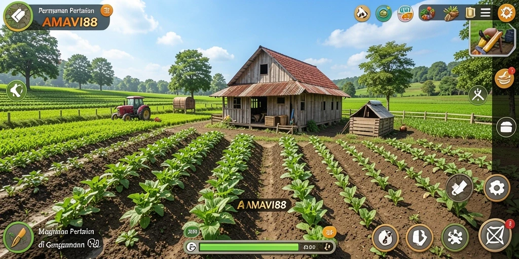 Screenshot gameplay AMAVI88 menampilkan ladang subur dengan tanaman hijau yang segar.