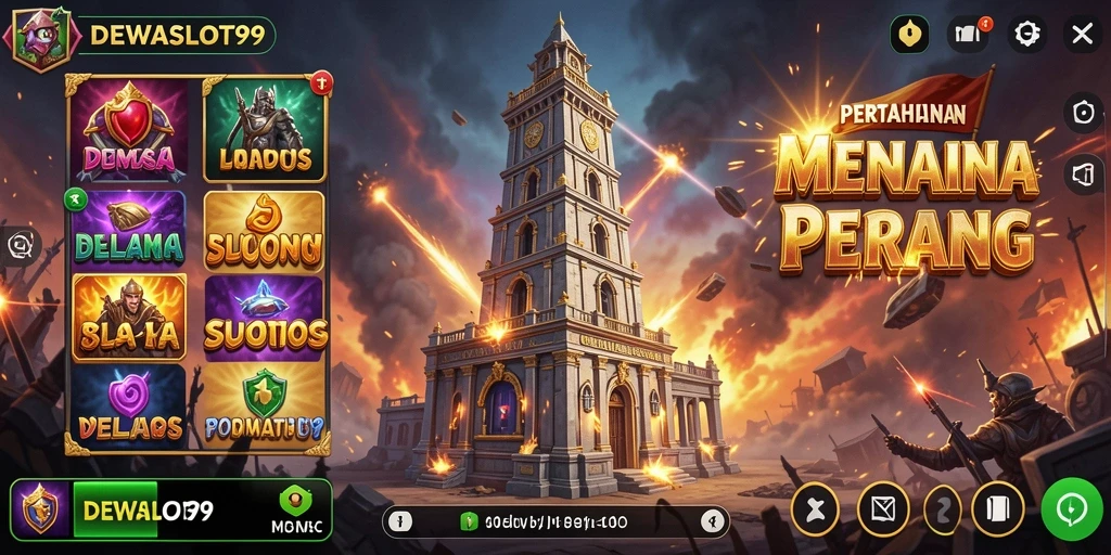 Tampilan gameplay DEWASLOT99 dengan menara dan musuh yang bertempur.
