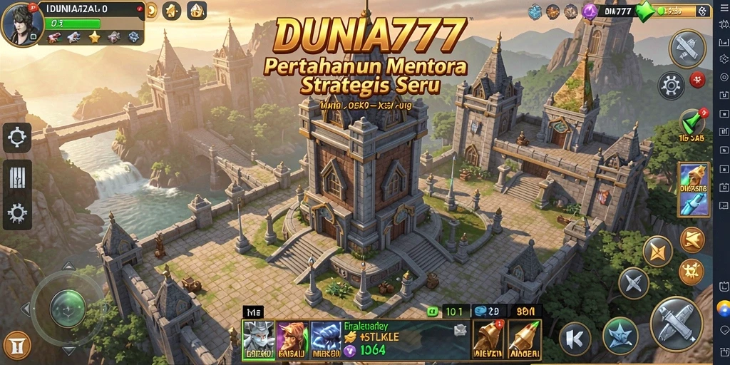 Screenshot gameplay DUNIA777 yang menunjukkan pertahanan menara yang strategis.