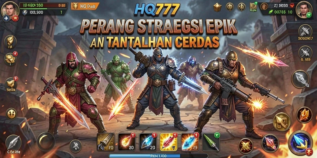 Screenshot utama HQ777 menampilkan aksi pertempuran strategis yang intens.