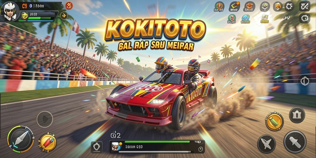 Tampilan gameplay menantang dari KOKITOTO saat balapan di lintasan.