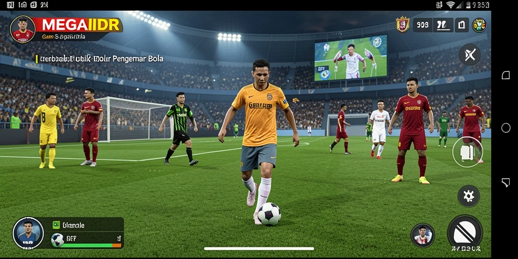Screenshot gameplay MEGAIDR yang menampilkan aksi sepak bola seru.