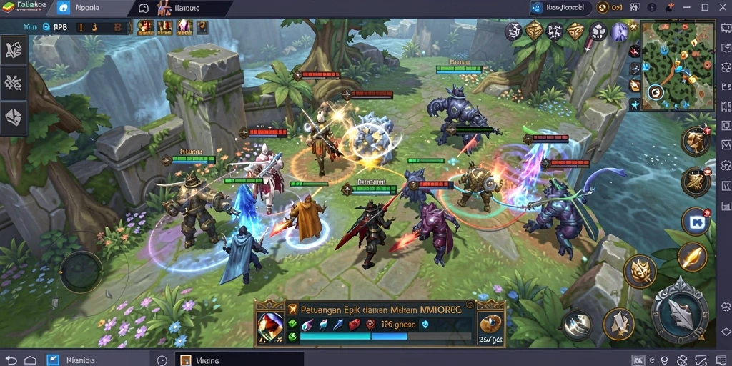 Screenshot gameplay RP8 yang menampilkan pertempuran seru di dunia fantasi.