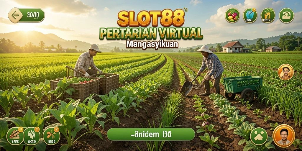 Tampilan gameplay SLOT88 menampilkan petani yang sedang mengelola lahan dengan berbagai tanaman.
