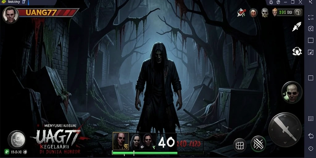 Screenshot utama menunjukkan gameplay menegangkan dari UANG77 di dunia Horror.